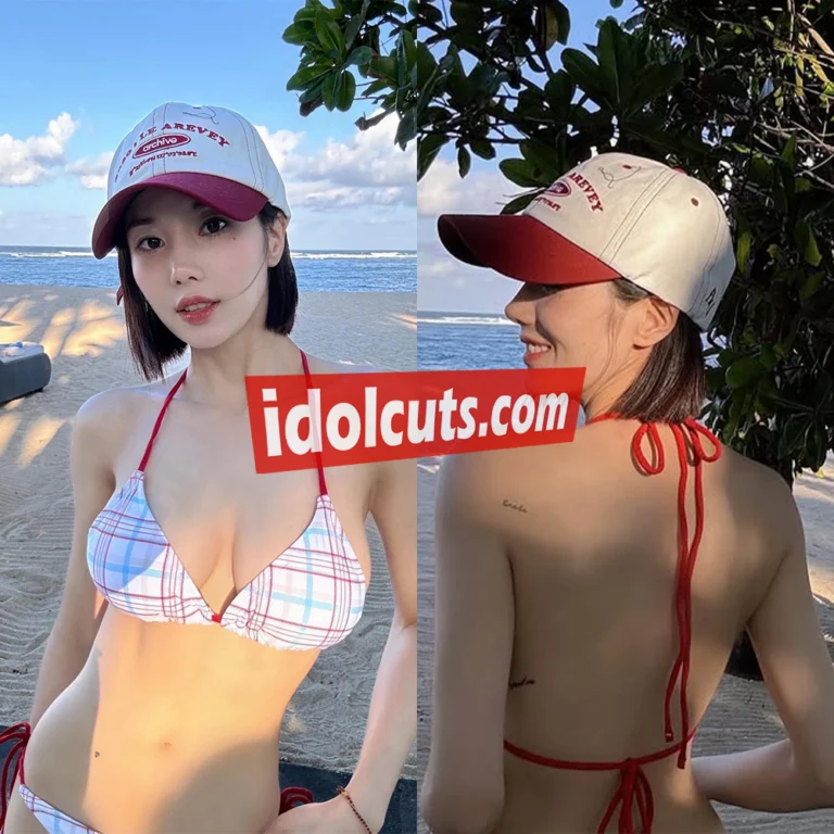 权恩妃 Ins 自拍 蓝白格纹比基尼 正面显胸 背面细绳绑带 背部纹身 海滩 擦边